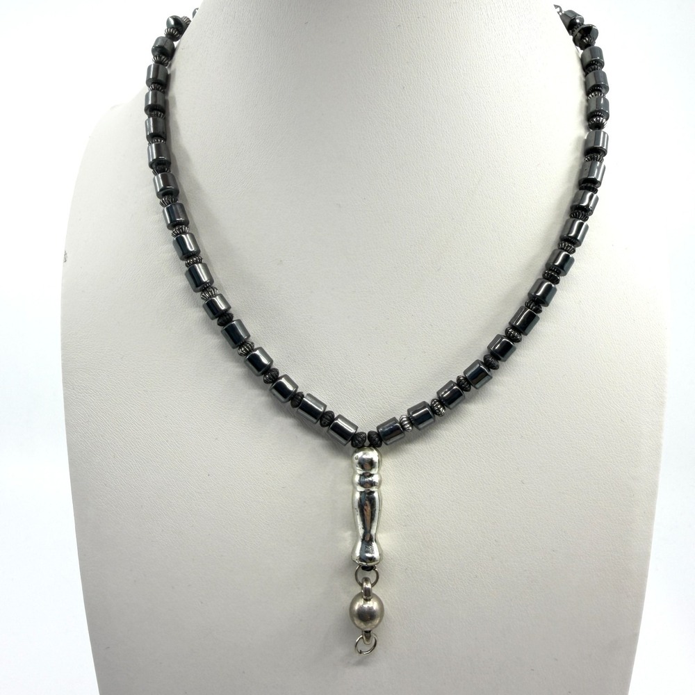 Hematite Bead Statement Necklace Silver Tone Pendant Boho Gothic Jewelry Gift